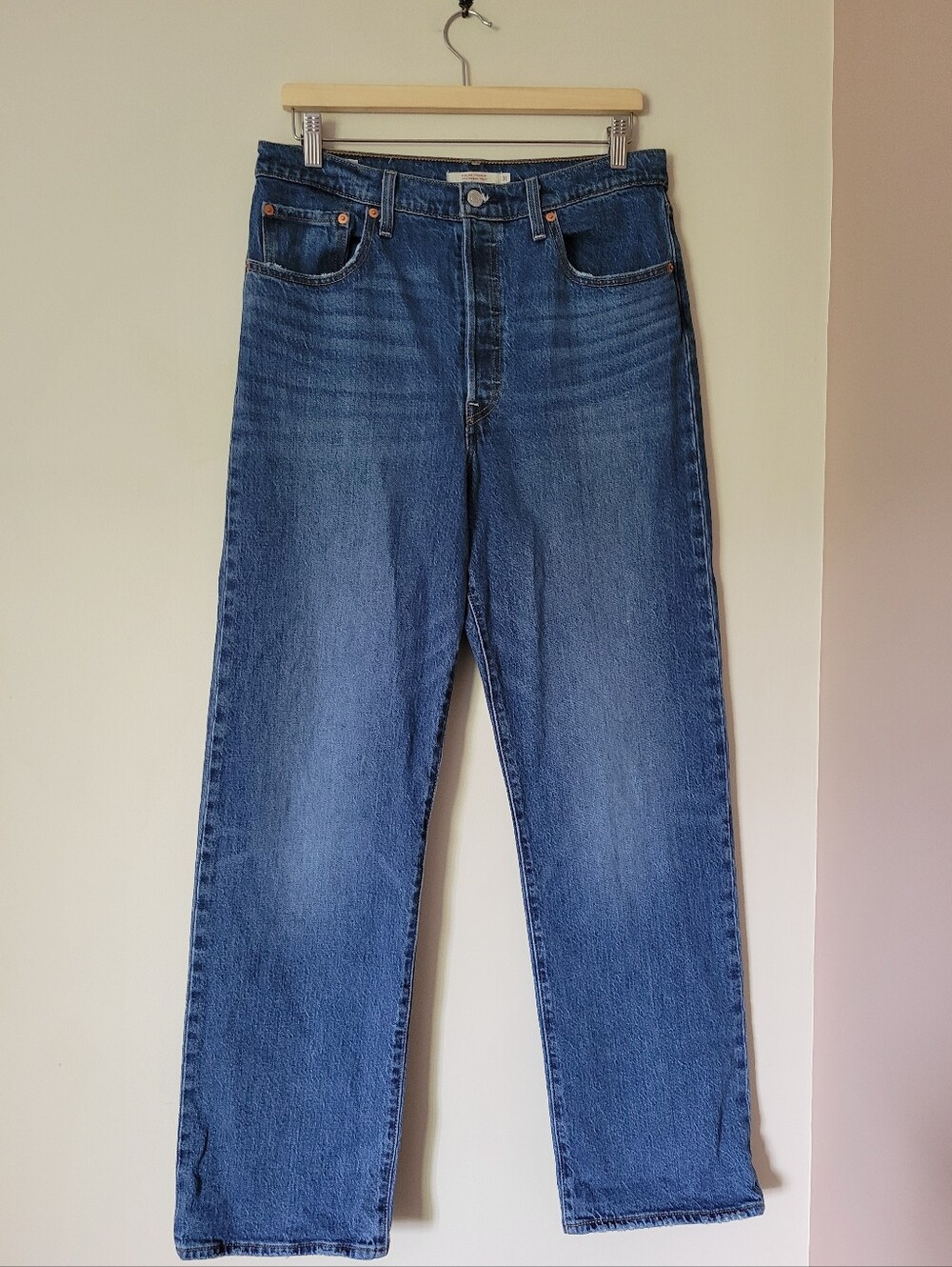 LEVI'S Ribcage Full Length High Rise Straight Leg Dark Wash Denim Jeans Size 31 - Picture 2 of 10